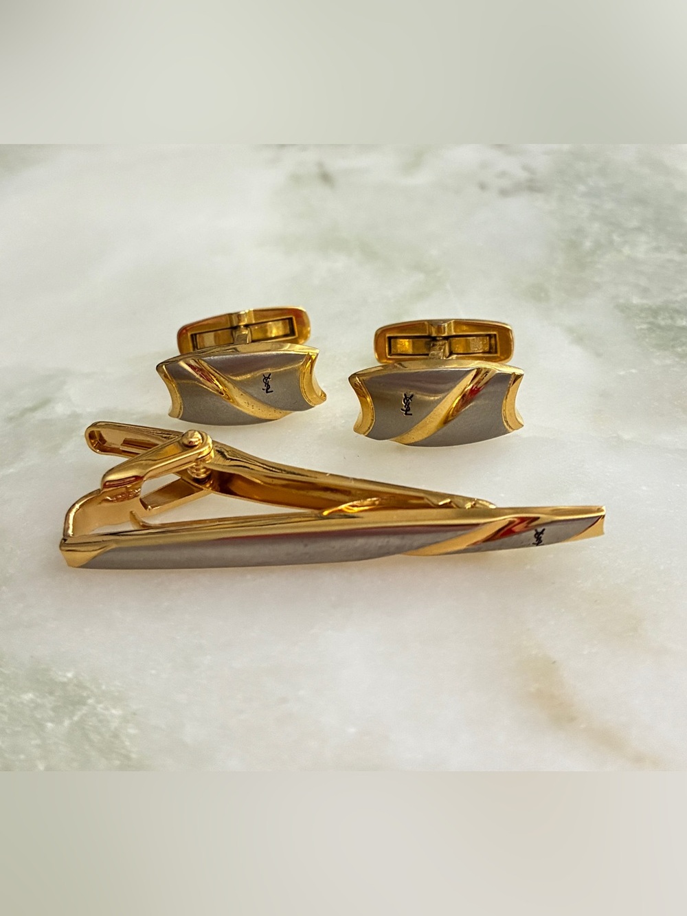 YSL Vintage Cuff Links & Tie Clip Set
